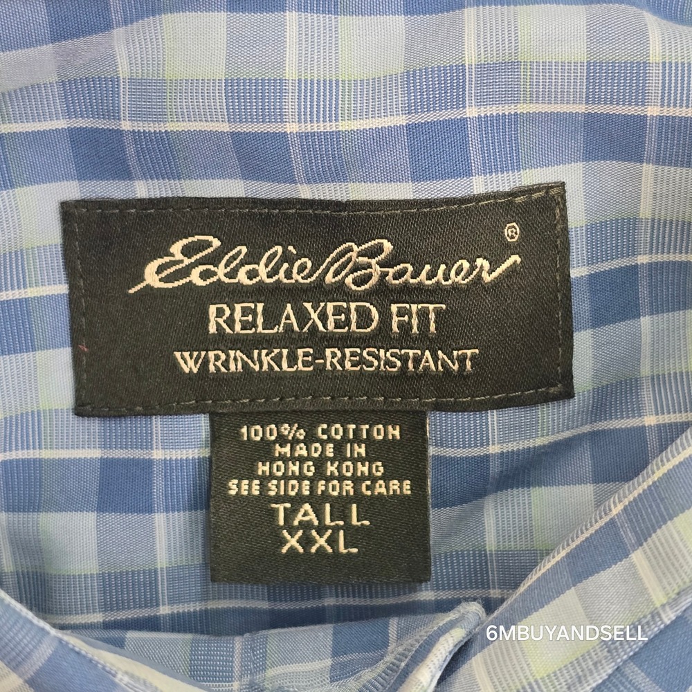Eddie Bauer Mens XXL Tall Blue Plaid Short Sleeve Button Up Relaxed Fit Shirt - Picture 3 of 12